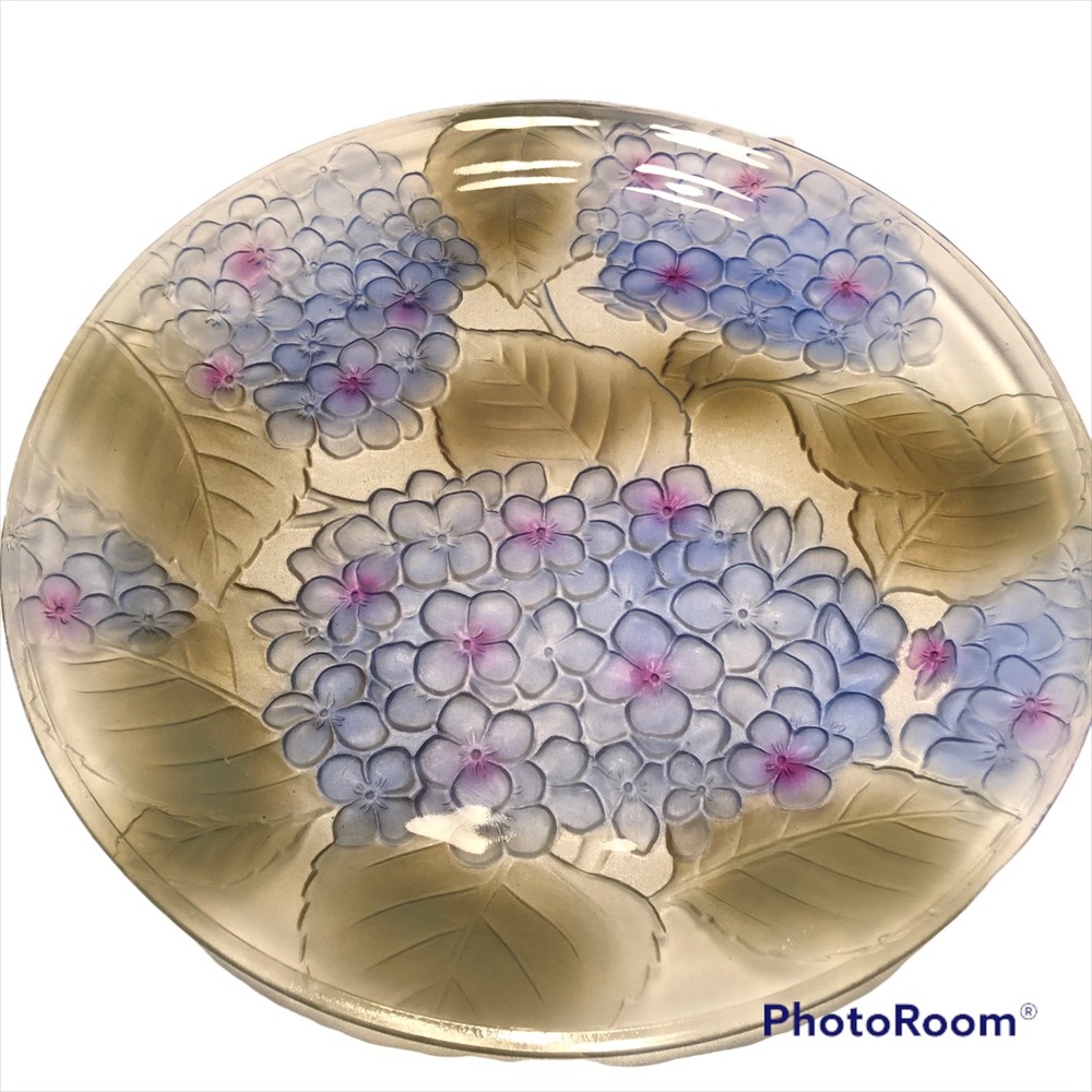 Glass Platter Cake Plate Blue Hydrangeas Floral Embossed